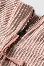 Oatmeal Twist Ribbed Zipper Collar Drop Shoulder Long Sleeve Top