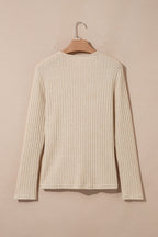 Apricot Solid Color Ribbed Knit Cowl Neck Long Sleeve Top