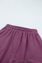Pink Stripe Ribbed Patchwork Mock Neck Baggy Pullover Matching Shorts Set