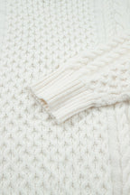 Beige Solid Color Cable Detail Knit Loose Round Neck Sweater
