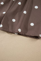 Brown Polka Dot Ribbed Trim Long Sleeve Top Casual Short Set