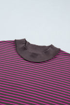 Pink Stripe Ribbed Patchwork Mock Neck Baggy Pullover Matching Shorts Set