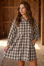 Brown Plaid Long Sleeve Short Shift Mini Dress