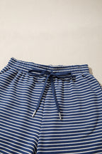 Pink Stripe Ribbed Patchwork Mock Neck Baggy Pullover Matching Shorts Set