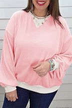 Pink Ribbed Knit Colorblock Long Sleeve Round Neck Plus Size Blouse