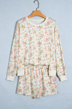 Beige Floral Print Long Sleeve Shift Top Pocketed Shorts 2pcs Set