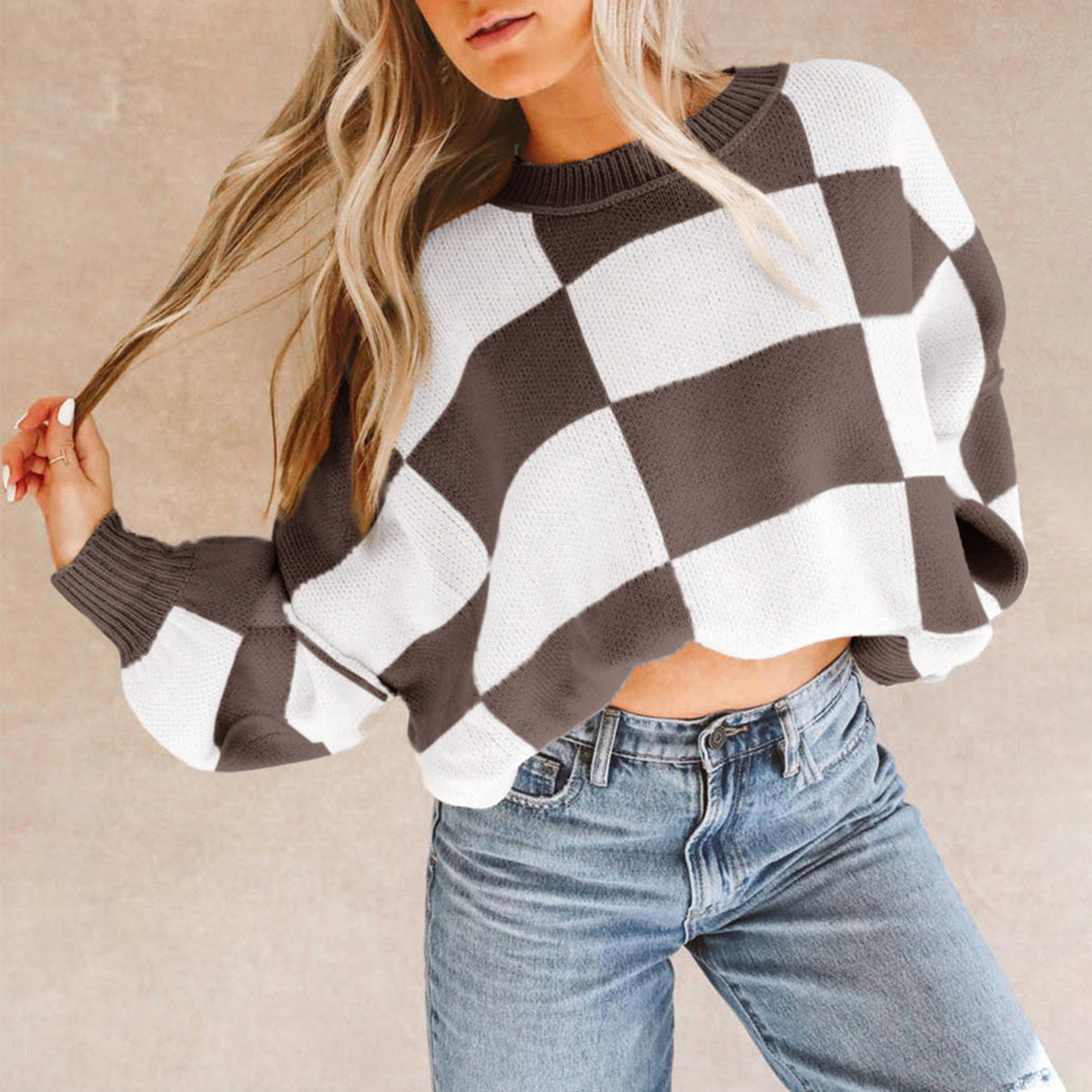 Orange Checkered Bishop Sleeve Sweater