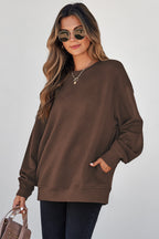 Jungle Green Solid Color Textured Round Neck Drop Shoulder Pullover Sweatshirt
