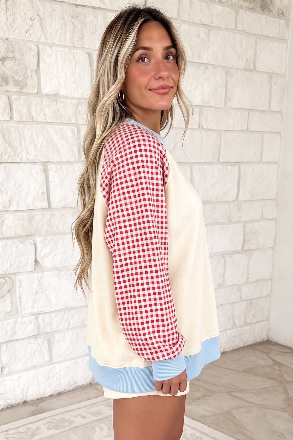 Light Blue Plaid Sleeve Colorblock Raglan Pullover Sweatshirt