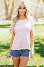 Pink Striped Print Waffle Knit T Shirt