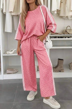 Apricot Leopard Print Varsity Striped Detail 3/4 Sleeve Top Shift Pant Set